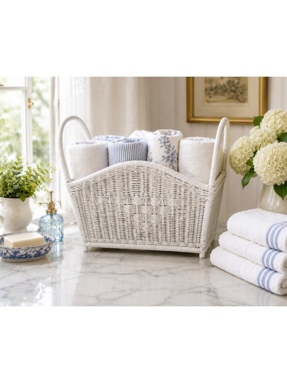 Vintage White Wicker Basket Cottagecore Magazine Vinyl Holder Coastal Storage